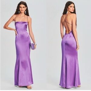 NWT RETROFETE Lucinda Satin Maxi Lace Back Dress In Orchid Purple XS